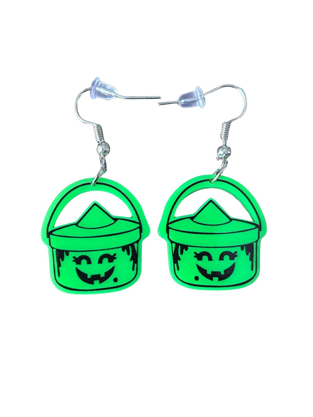 792. Green Pumpkin Trick or Treat Bucket Dangle Earrings NEW Stainless Steel